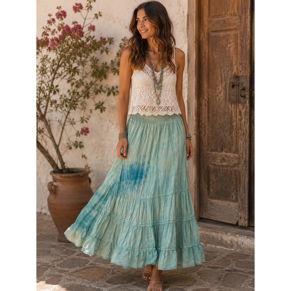 Promod Tiered Maxi Skirt Green Tie Dye Lace Trim Smocked Waist Sz 10/12 Boho